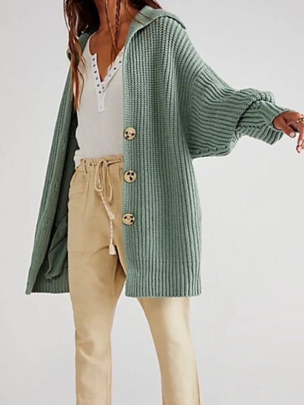 Free People Swim Too Deep Oversized Cardi Longline Cardigan M Seafoam Green $158 - Picture 4 of 16